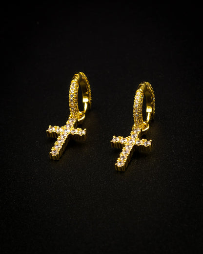 Diamond Cross Hoop Earrings - Gold
