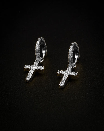 Diamond Cross Hoop Earrings - White Gold